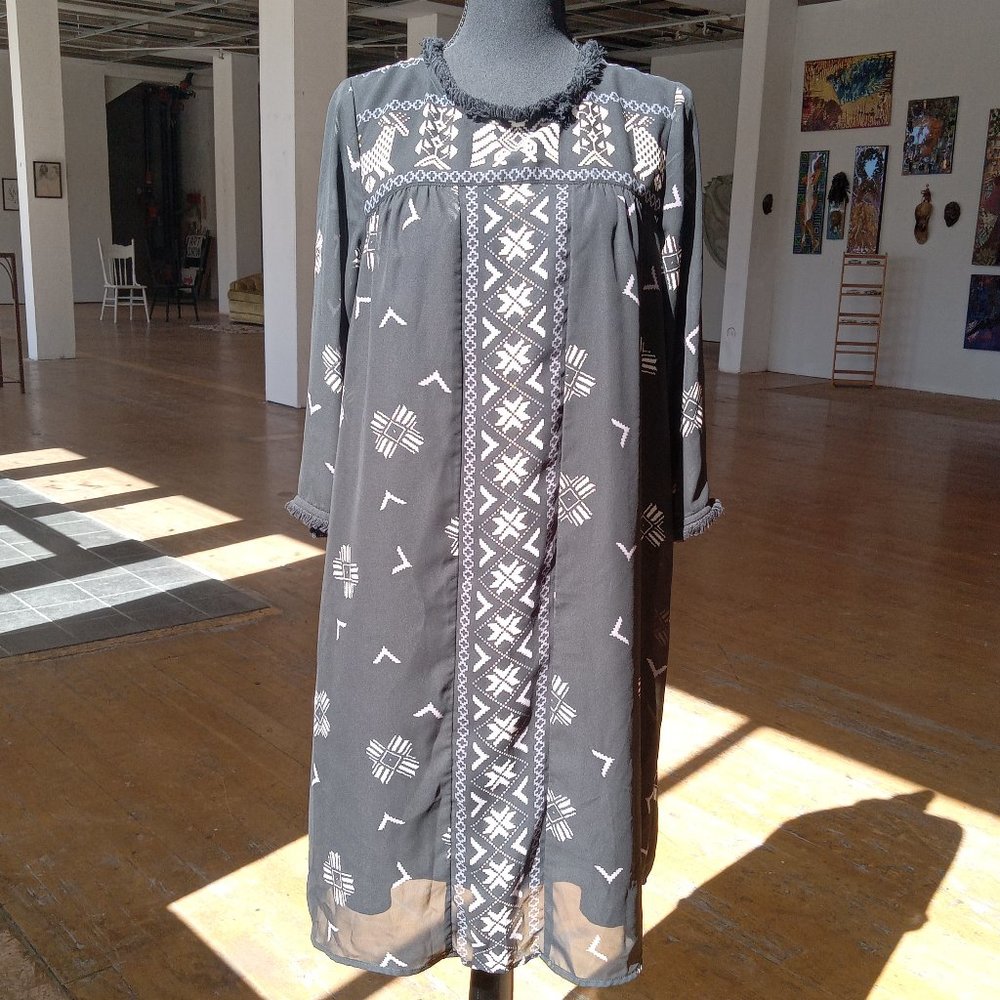 Black sheer geometric Sheath dress with decorative trim